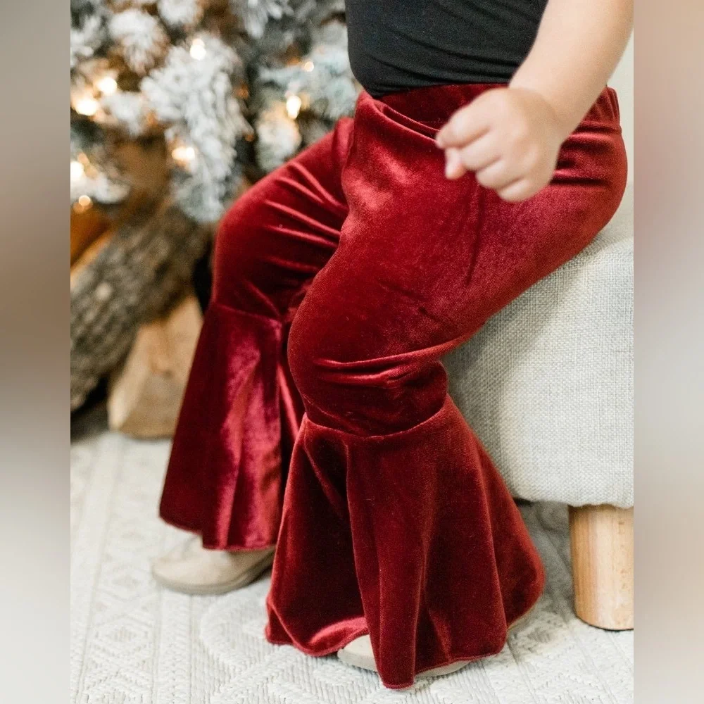 KIDS: Bailey’s Blossoms Lina Pleated Velour Bell Bottoms in Blue